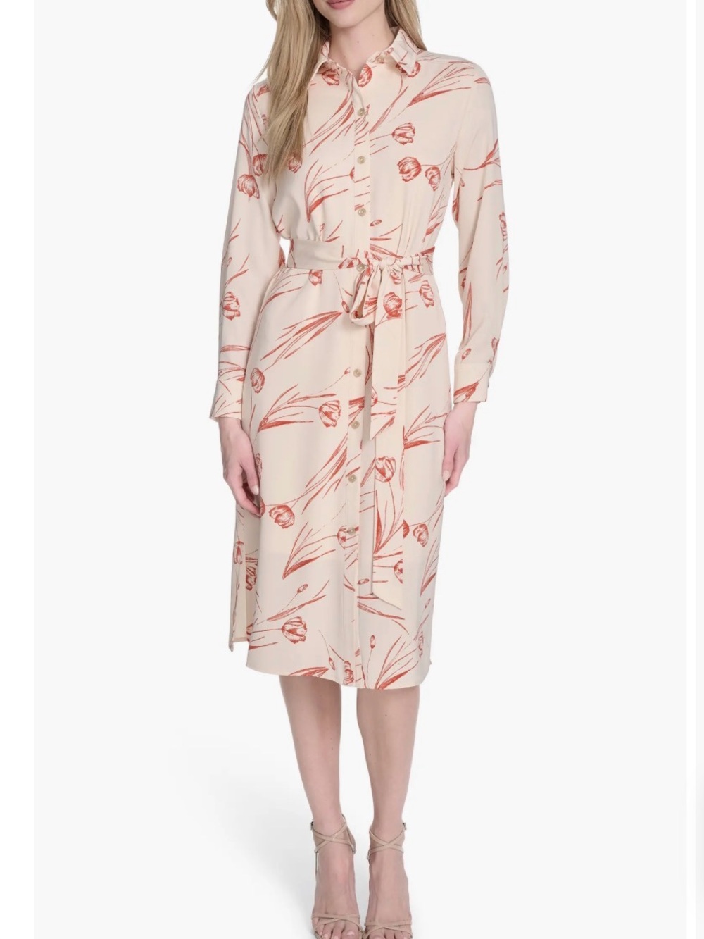 Calvin Klein Cream Shirt Dress with Coral Floral Print